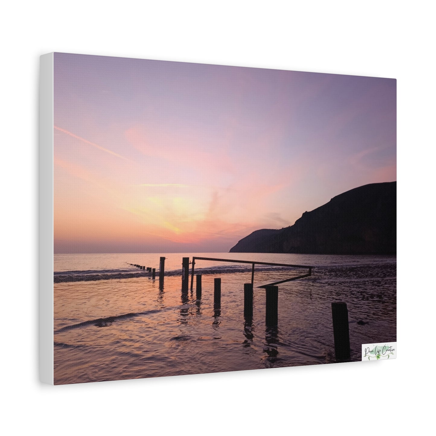 Sunset Beach Canvas Print – Purple Coastal Seascape on Matte Stretched Canvas