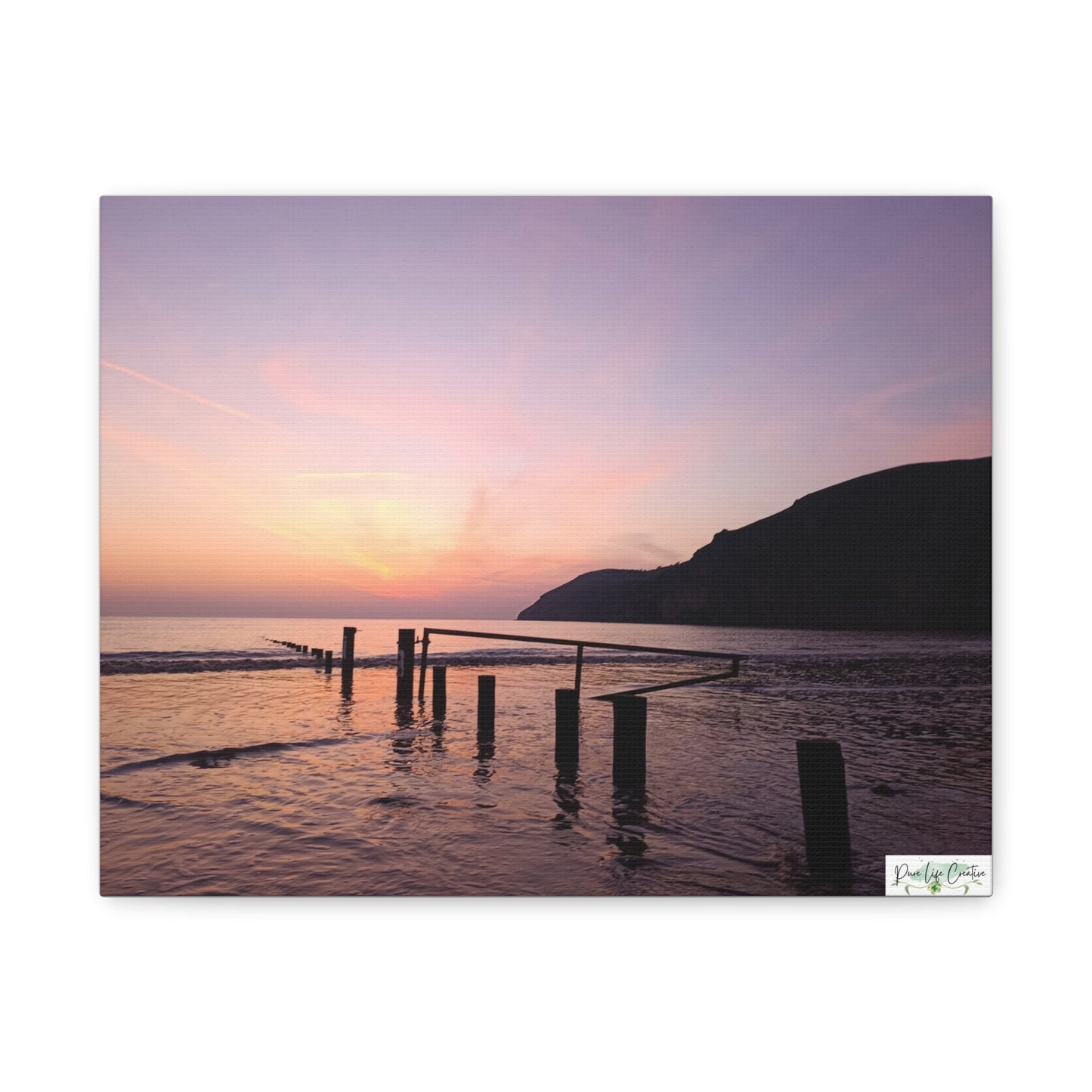 Sunset Beach Canvas Print – Purple Coastal Seascape on Matte Stretched Canvas