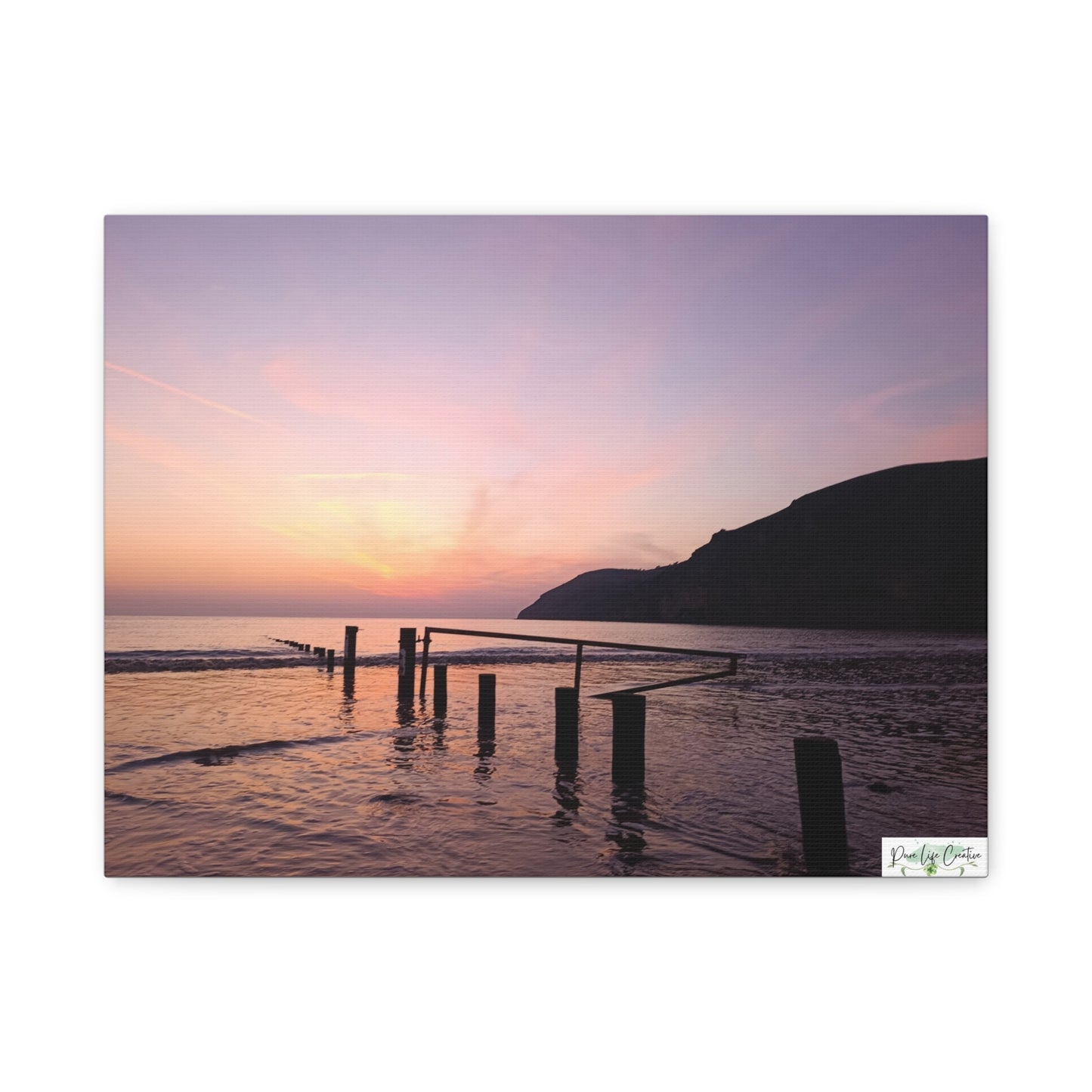 Sunset Beach Canvas Print – Purple Coastal Seascape on Matte Stretched Canvas