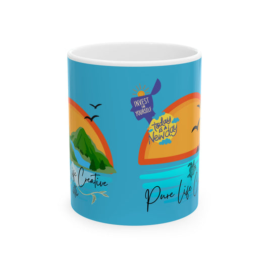 Tropical Sunset Ceramic Mug — “Pure Life” Costa Rica Coffee Cup (11oz/15oz)